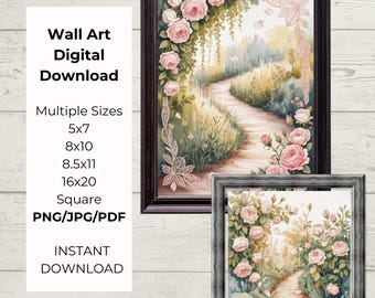 Art mural romantique à imprimer, décoration cadeau de mariage, impression allée de jardin floral, art mural histoire d'amour, décoration de mariage cottage