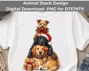 Christmas Dog PNG, Stacked Dogs Watercolor Design, Cute Holiday Puppy Clipart, Dog Lover Sublimation