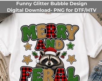 Merry And Feral PNG, Buffalo Plaid Raccoon Christmas Sublimation Download