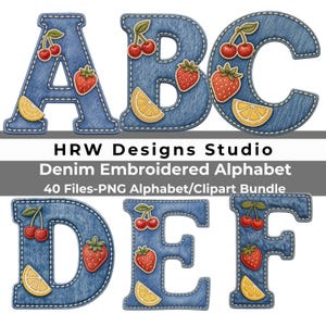 Fruit Denim Alphabet PNG - Embroidered Patch Letters Numbers Sublimation Bundle