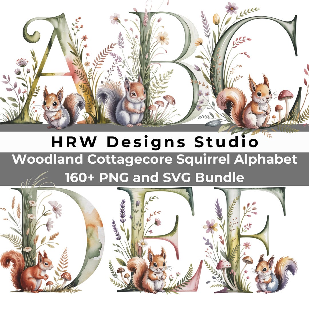 Squirrel Letters Woodland Squirrel Alphabet PNG SVG Bundle, Nursery Letter Clipart, Baby ...