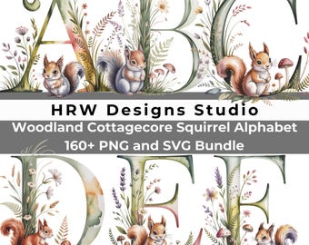 Woodland Squirrel Alphabet PNG SVG Bundle, Nursery Letter Clipart, Baby Name Letters, Cottagecore ABC Set, Forest Animal Alphabet