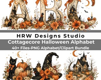 Haunted House Alphabet PNG Bundle, Vintage Halloween Letters, Witchy Cottagecore Monogram, Fall Floral Numbers and Clipart