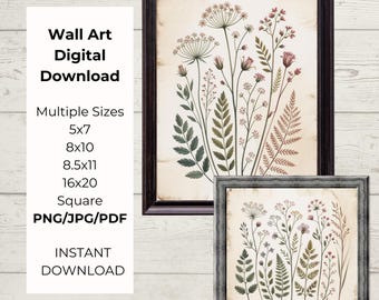 Pressed Wildflower Wall Art Printable, Vintage Botanical Print Set, Neutral Floral Decor, Cottagecore Wall Art, Printable Download