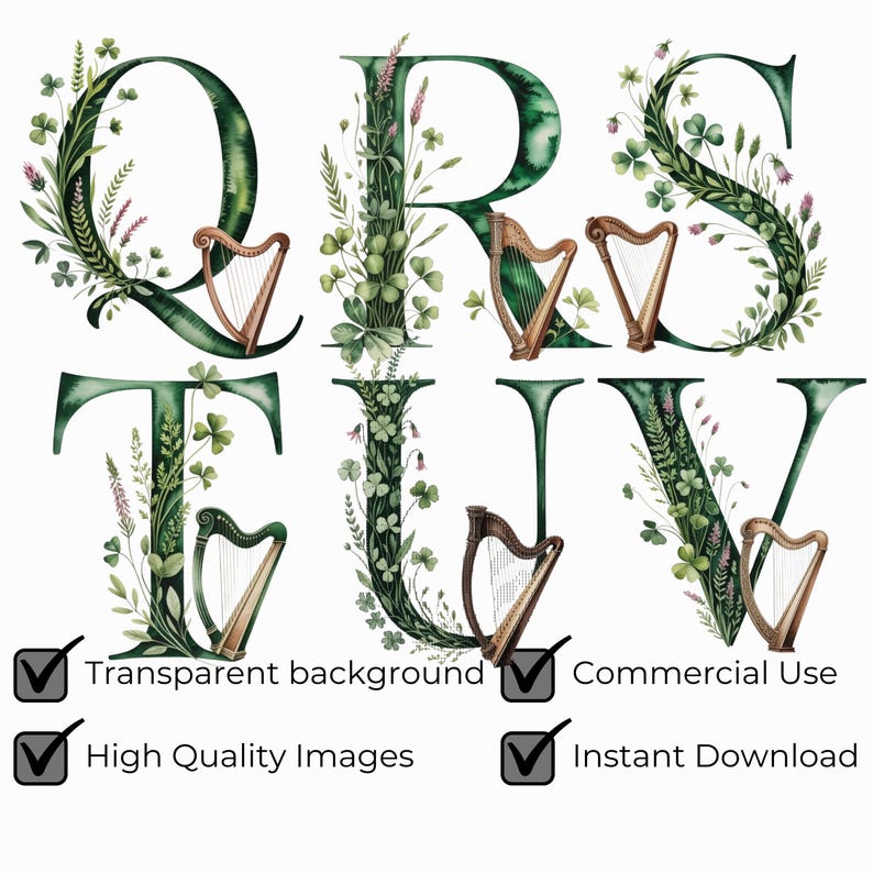 St Patricks Day Shamrock Alphabet PNG SVG, Irish Watercolor Clover ...