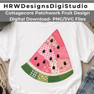 May include: A white t-shirt featuring a large, central graphic of a watermelon slice designed with a patchwork aesthetic. The fruit slice is composed of various pink, red, and green fabric patterns, including gingham and floral prints, with black seed shapes.