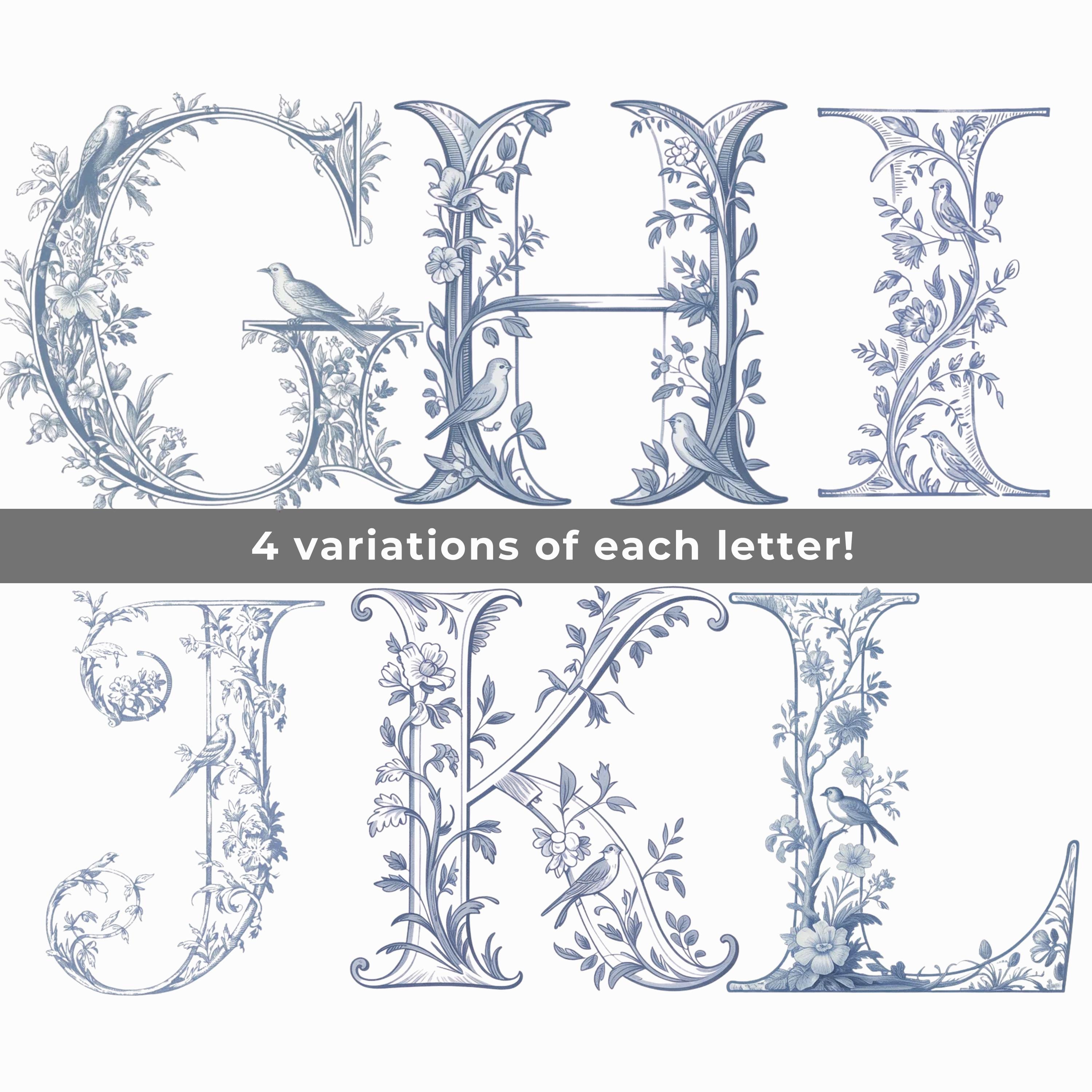 Blue French Toile Alphabet, Bird Monogram Letters A-Z, PNG SVG Bundle ...
