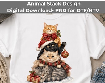 Christmas Cat PNG, Stacked Cats Watercolor Design, Black Cat Holiday Clipart, Cute Cat Lover Sublimation