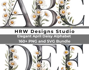 Printemps Daisy Alphabet PNG SVG, Clipart floral lettre de A à Z, lettres monogramme Daisy, fleurs sauvages de l'Alphabet, lettres Cricut PNG Bundle