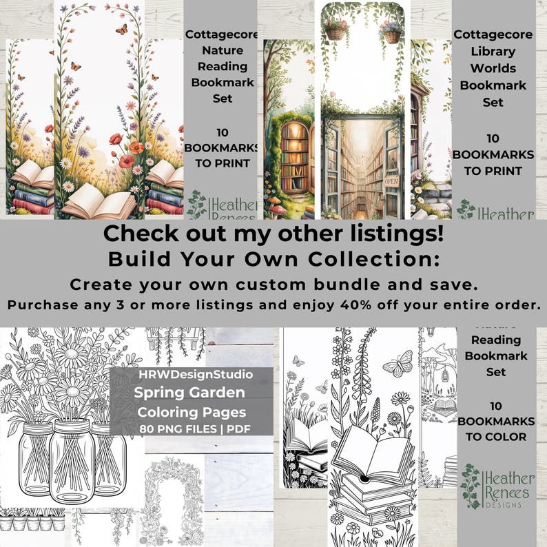May include: A collection of printable bookmarks and coloring pages. The bookmarks feature watercolor illustrations of nature scenes, library interiors, and floral designs. The coloring pages include spring garden themes. The text includes "Cottagecore" and "Reading Bookmark Set".