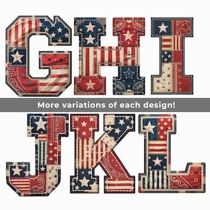 Vintage Americana Alfabet SVG PNG, Patriotiska Patchwork Bokstäver & Siffror, 4 juli Clipart, Kommersiellt Bruk bild 4