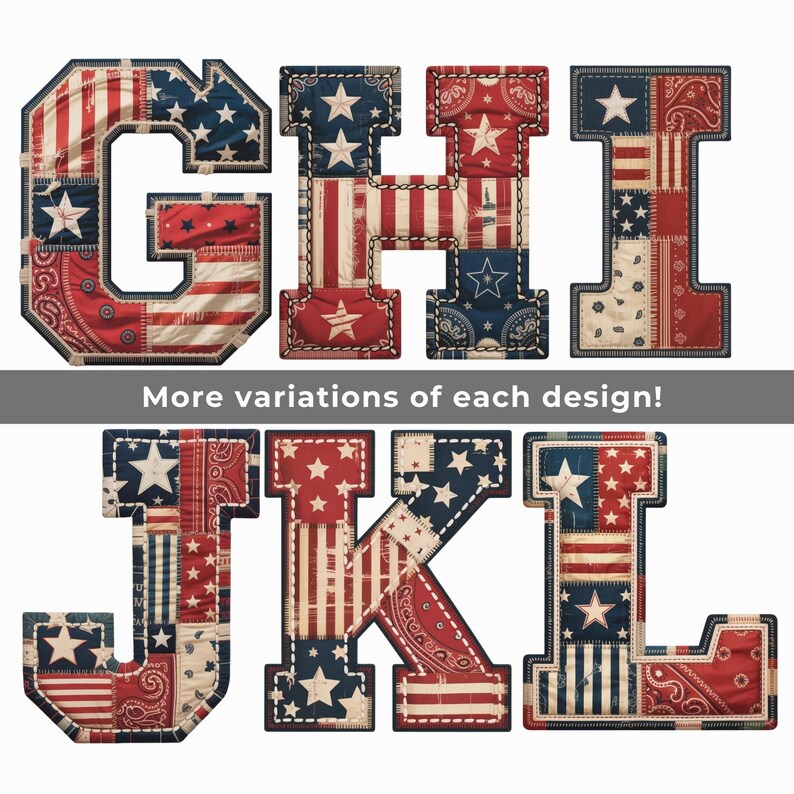 Vintage Americana Alfabet SVG PNG, Patriotiska Patchwork Bokstäver & Siffror, 4 juli Clipart, Kommersiellt Bruk bild 4