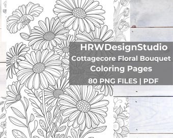Spring Floral Coloring Pages, Cottagecore Flower Coloring Book, Printable Adult Coloring Pages, Wildflower Bouquet Coloring, PDF Download
