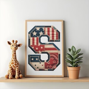 Vintage Americana Alfabet SVG PNG, Patriotiska Patchwork Bokstäver & Siffror, 4 juli Clipart, Kommersiellt Bruk bild 12