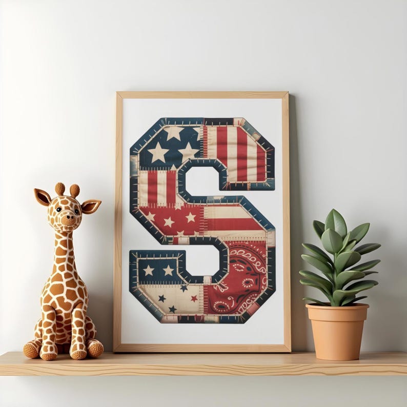 Vintage Americana Alfabet SVG PNG, Patriotiska Patchwork Bokstäver & Siffror, 4 juli Clipart, Kommersiellt Bruk bild 12