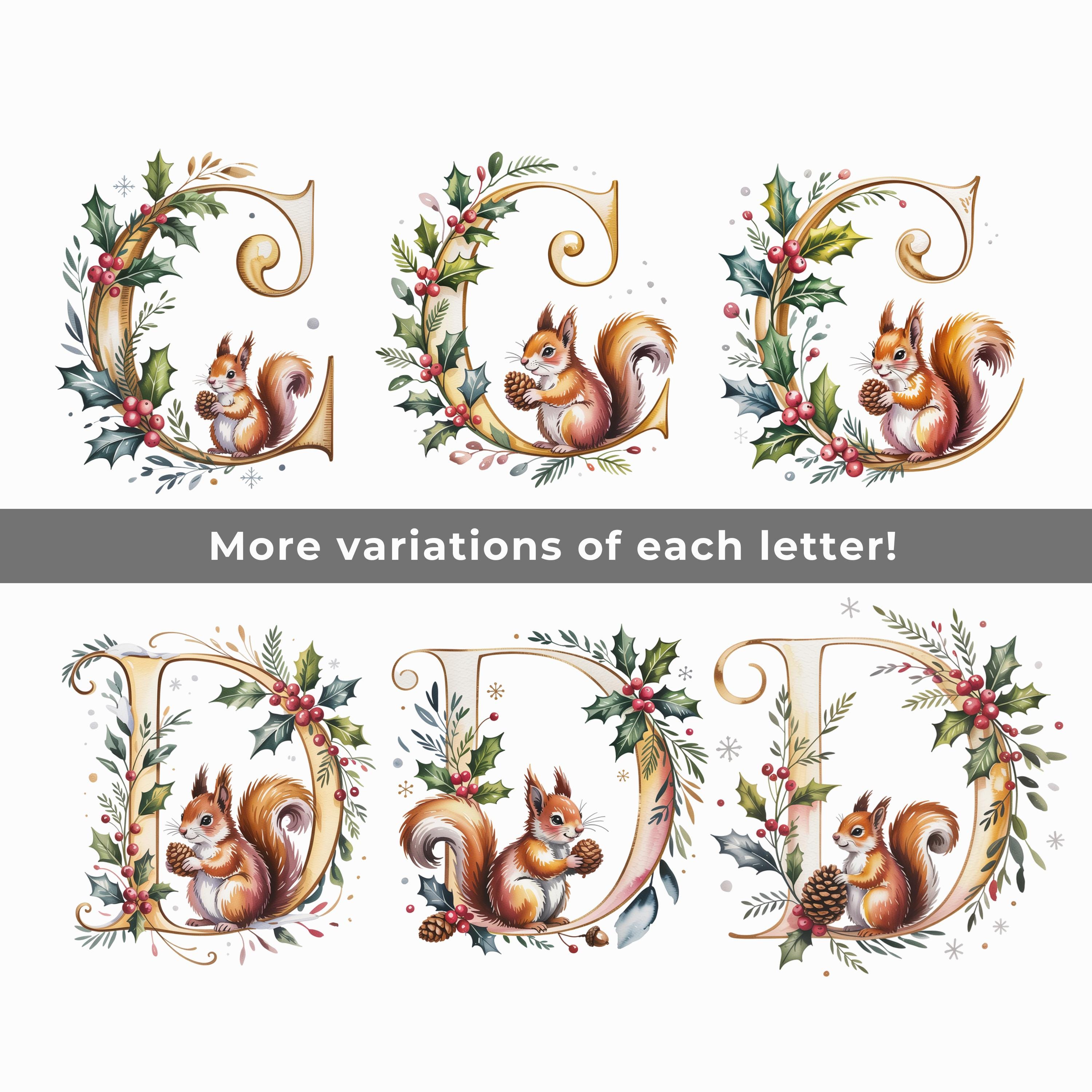 Squirrel Letters Squirrel Golden Winter Alphabet, Christmas Letters PNG SVG Bundle - Etsy