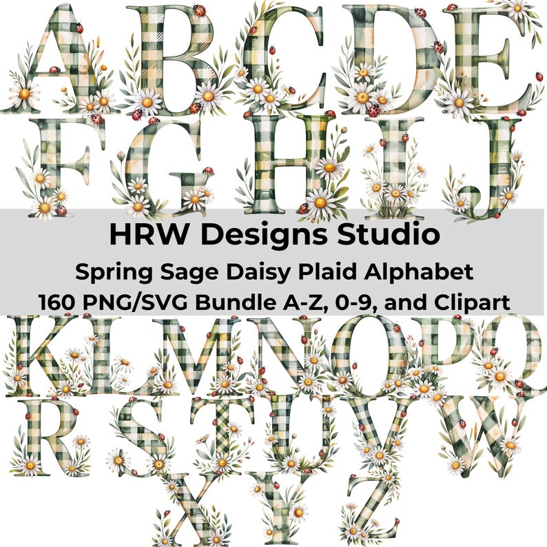 Spring Alphabet PNG SVG Bundle, Daisy Letter Clipart, Sage Green Plaid ...