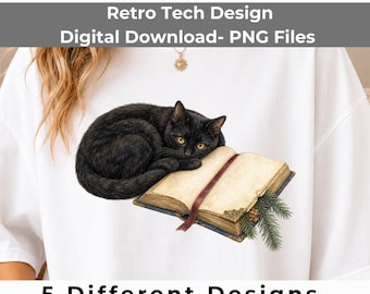 Cozy Winter Bookish Clipart PNG Bundle, 5 Vintage Reading Designs, Black Cat Books Coffee, Cottagecore Library