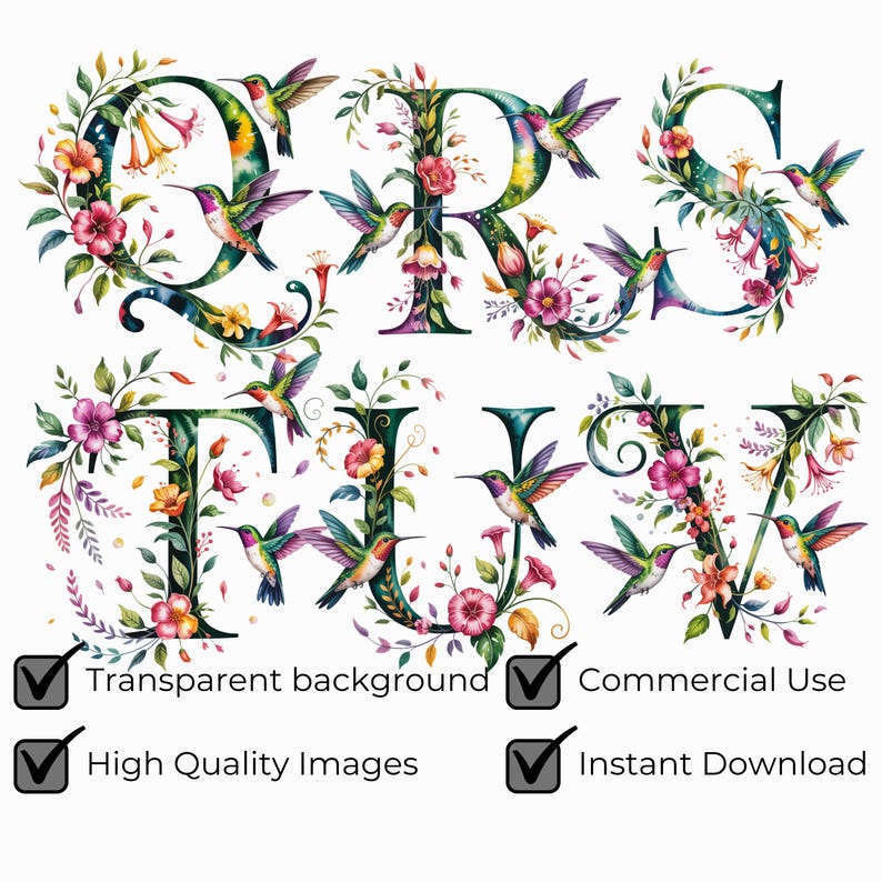 Hummingbird Watercolor Alphabet PNG SVG, Floral Letter Clipart ...