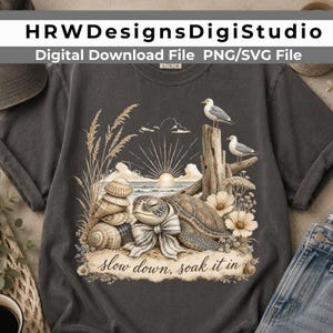Slow Down Soak It In PNG SVG - Vintage Coastal Sea Turtle Sunrise Design image 5