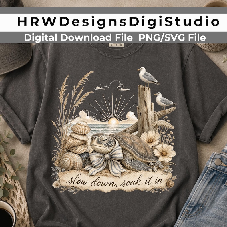 Slow Down Soak It In PNG SVG - Vintage Coastal Sea Turtle Sunrise Design image 5