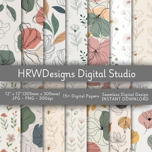 Op de afbeelding: Een verzameling digitale papieren met bloemmotieven. Elk papier is 305 mm x 305 mm groot. De ontwerpen tonen bloemen en bladeren in verschillende kleuren. De afbeelding bevat ook de tekst "HRWDesigns Digital Studio".