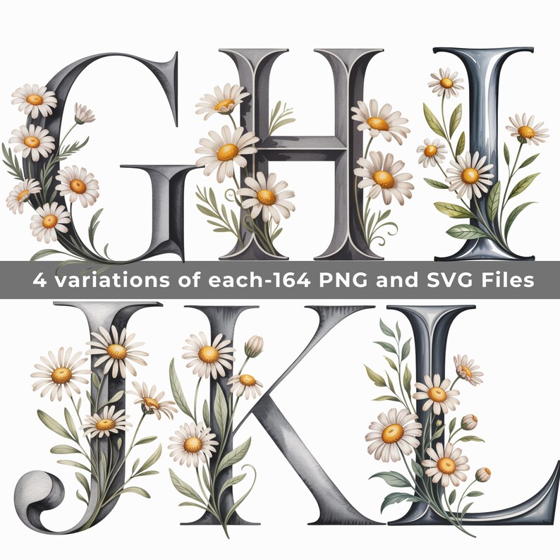 Spring Daisy Alphabet PNG SVG, Floral Letter Clipart A-Z, Daisy ...
