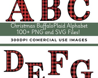 Christmas Buffalo Plaid Alphabet, Red Plaid Letters PNG SVG, Christmas Monogram Clipart, Plaid Numbers, Winter Sublimation Letters