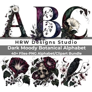 K&ouml;nnte beinhalten: Ein digitales Grafikset mit den Buchstaben A, B und C, verziert mit dunklen botanischen Ranken und wei&szlig;en Bl&uuml;ten. Darunter steht der Text HRW Designs Studio, Dark Moody Botanical Alphabet, 40+ Files-PNG Alphabet/Clipart Bundle, mit Illustrationen von dunklen Blumen, einem Totenkopf und einem schwarzen Raben.