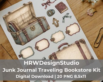 Traveling Bookshop Junk Journal Kit, 20 Page Vintage Bookstore Ephemera, Printable Library Tags, Travel Scrapbook Supplies