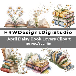 May include: Watercolor illustrations of books adorned with daisies. The image features open and stacked books with floral arrangements. The text "HRWDesignsDigiStudio" and "April Daisy Book Lovers Clipart" is also visible.