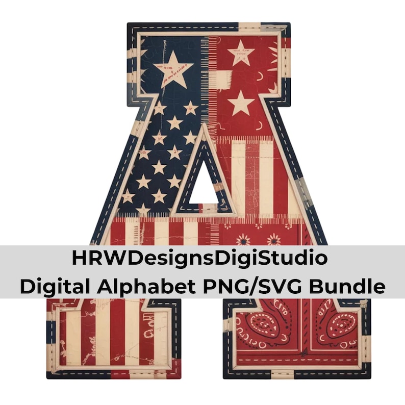 Vintage Americana Alfabet SVG PNG, Patriotiska Patchwork Bokstäver & Siffror, 4 juli Clipart, Kommersiellt Bruk bild 1