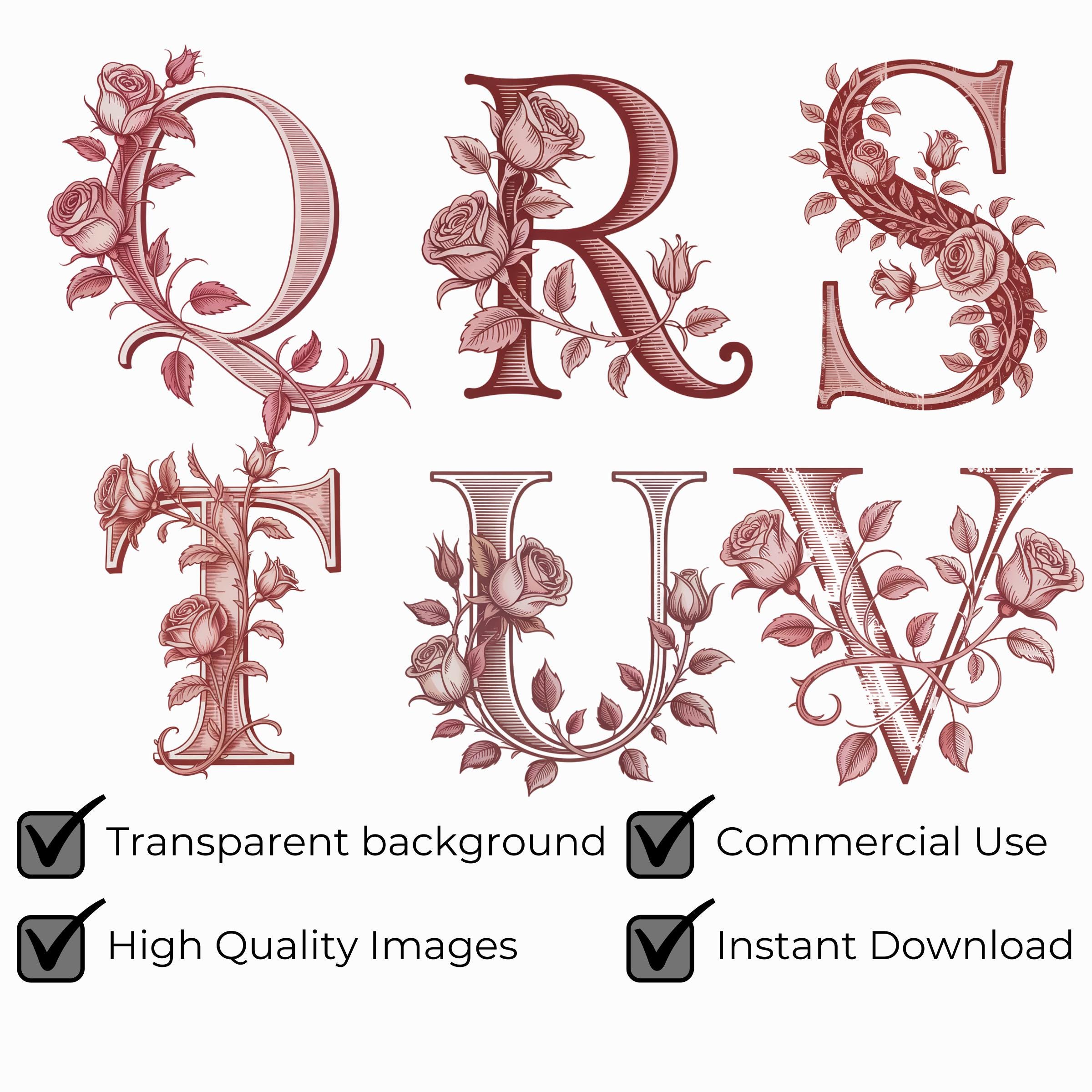 Valentine Rose Alphabet Clipart, Vintage Floral Letters & Numbers ...