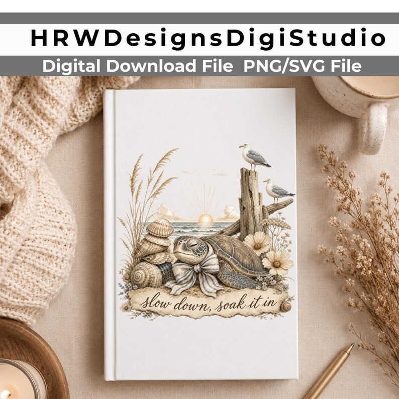 May include: A white notebook featuring a printed illustration of a sea turtle wearing a bow, stacked seashells, tall beach grass, two seagulls perched on a wooden post, and a sunset over the ocean with the text "slow down, soak it in".