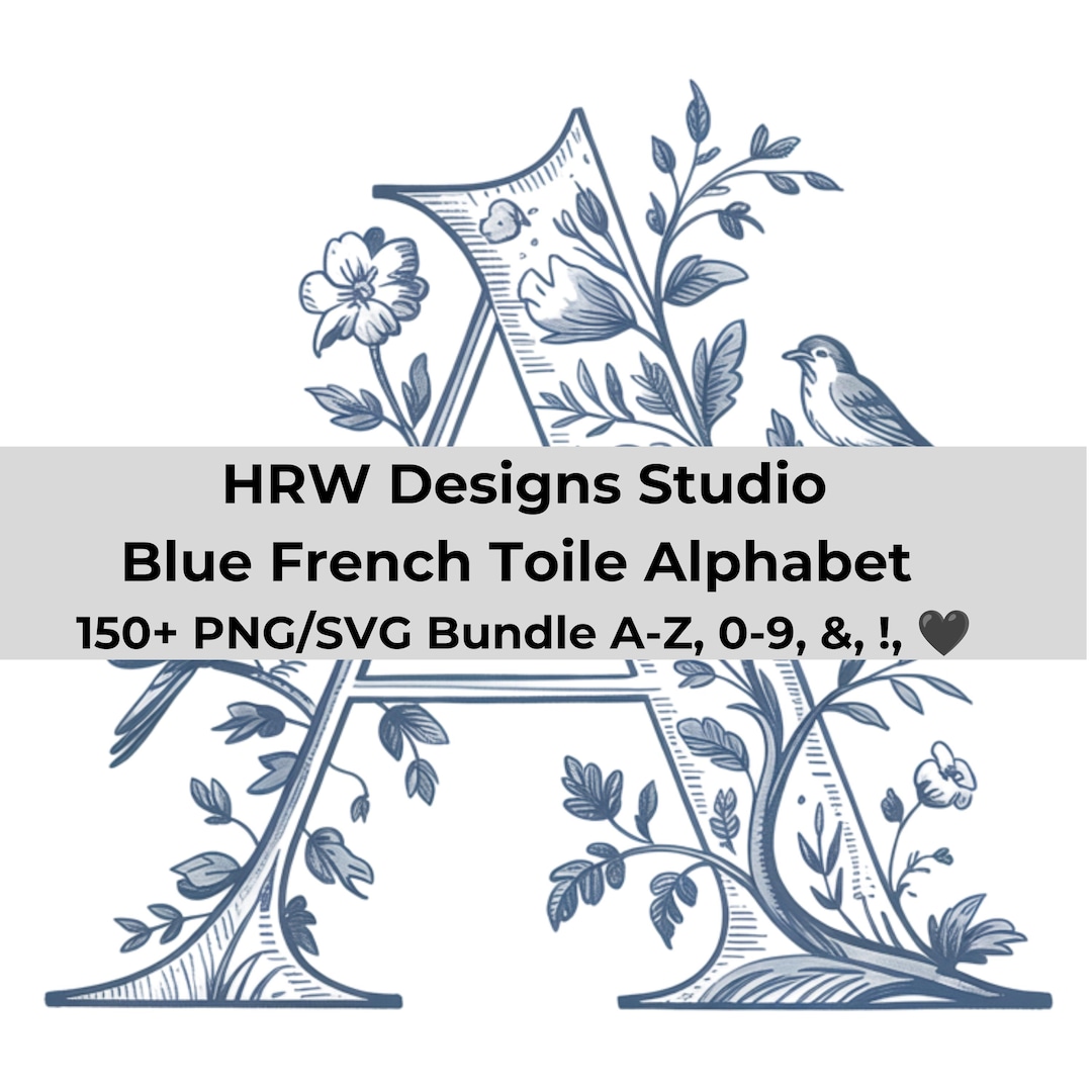 Blue French Toile Alphabet, Bird Monogram Letters A-Z, PNG SVG Bundle ...
