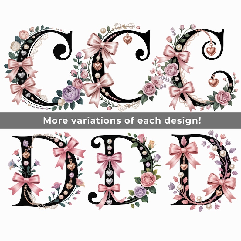 Elegant Coquette Floral Alphabet PNG SVG, Bow Letter Monogram Clipart ...