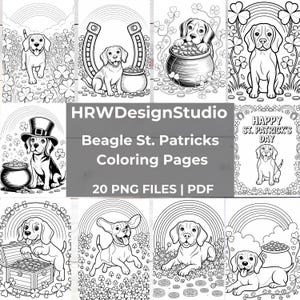 May include: Black and white line art coloring pages featuring Beagle dogs with St. Patrick's Day themes. Images include dogs with pots of gold, horseshoes, and shamrocks. Text reads "HRWDesignStudio Beagle St. Patricks Coloring Pages 20 PNG FILES | PDF".