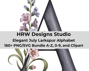 July Birth Flower Alphabet SVG, Larkspur Monogram Letters PNG, Personalized Name Design, Floral Initials, Custom Alphabet Bundle