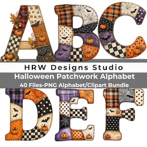 Könnte beinhalten: Ein digitales Grafikset mit den Buchstaben A, B, C, D, E und F, die in einem Patchwork-Muster zum Thema Halloween gestaltet sind. Die Buchstaben zeigen orangefarbene, schwarze, violette und cremefarbene Stoffe mit Kürbis-, Fledermaus- und Spinnennetzmotiven.
