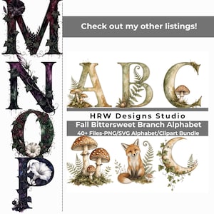K&ouml;nnte beinhalten: Ein digitales Grafikpaket mit dem Titel HRW Designs Studio Fall Bittersweet Branch Alphabet, das die Buchstaben A, B, C, M, N, O, P zeigt, verziert mit Pilzen, Farnen, Efeu und einem Fuchs. Der Text lautet Check out my other listings und 40+ Files-PNG/SVG.