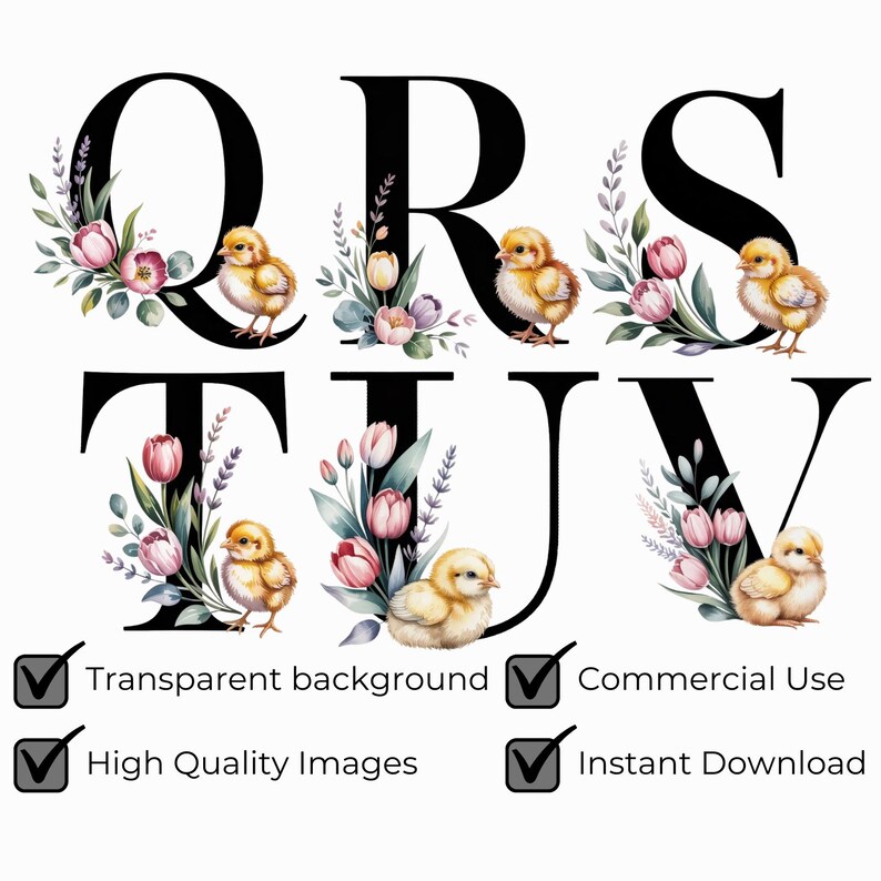 Baby Chick Floral Alphabet PNG SVG Bundle, Nursery Monogram Letters A-Z ...