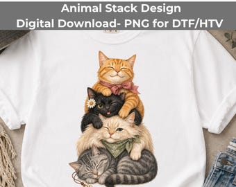 Stacked Cats PNG, Cute Cat Mom Sublimation, Watercolor Kitten Clipart, Coquette Bow Cat Design, Cottagecore Cat Lover Graphic