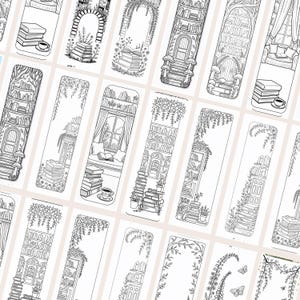 May include: A collection of black and white illustrated bookmarks. Each bookmark features a unique design, including stacks of books, bookshelves, arched doorways, and floral accents. Some designs include teacups and cozy reading nooks.