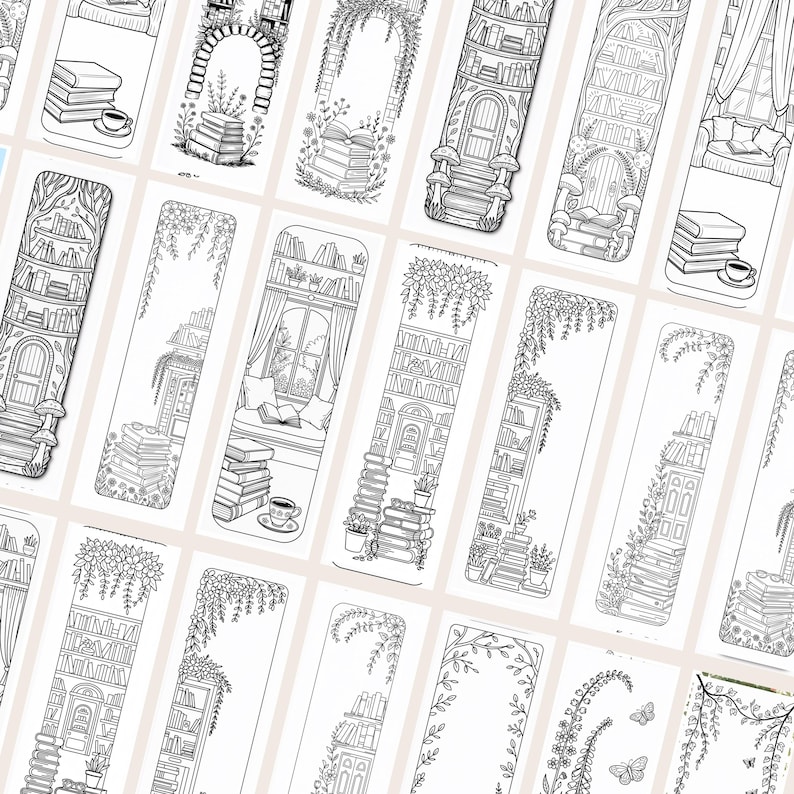 May include: A collection of black and white illustrated bookmarks. Each bookmark features a unique design, including stacks of books, bookshelves, arched doorways, and floral accents. Some designs include teacups and cozy reading nooks.