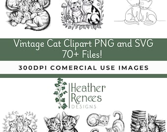 Vintage Cat Clipart Bundle, Retro Kitty PNG SVG Set, Bookish Cats Line Art, 70+ Commercial Use Images, Junk Journal Printable Cats