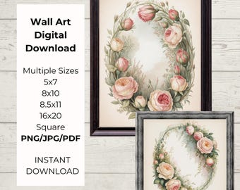 Wedding Monogram Wall Art Printable, Floral Frame Printable, Bridal Shower Decor, Romantic Rose Wreath, Custom Name Wall Art