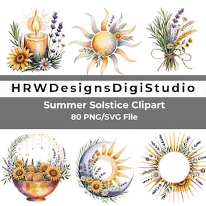 Puede incluir: Conjunto de imágenes prediseñadas de acuarela con diseños de solsticio de verano. Incluye una vela con llama, un sol con detalles florales y un ramo de flores. El texto dice "HRWDesignsDigiStudio Summer Solstice Clipart 80 PNG/SVG File."