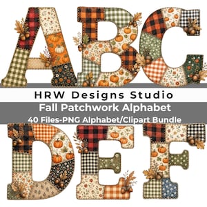 May include: A digital graphic set featuring the letters A, B, C, D, E, and F designed with a seasonal autumn-themed patchwork pattern. The letters incorporate orange, green, and black plaid, floral, and pumpkin prints, accented with small acorn illustrations.