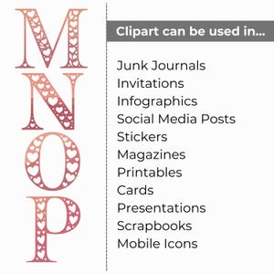 Op de afbeelding: Een decoratief ontwerp met de letters M, N, O en P in een roze kleurengradient, waarbij elke letter gevuld is met hartvormen. De afbeelding bevat ook een lijst met toepassingen voor de clipart, zoals junk journals en uitnodigingen.