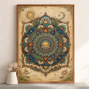 Può includere: Una stampa incorniciata con un design mandala dettagliato. L'opera d'arte presenta un motivo centrale di sole e fiore di loto, circondato da intricati motivi nei toni del blu, verde e oro. Il design include elementi celesti come il sole e la luna, su uno sfondo beige.